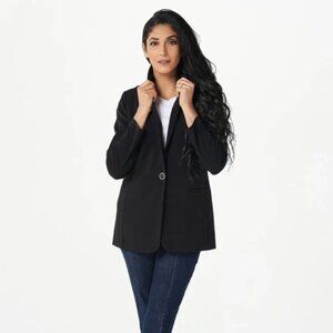 Susan Graver XL Petite Solid Bonded Liquid Knit One Button Blazer Black